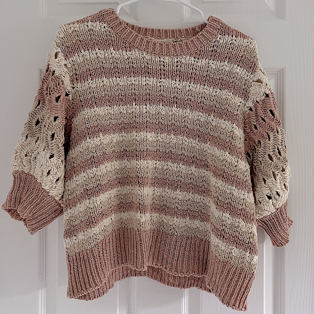 Ulla Johnson, Crochet Knit Stripe Sweater in Size Small Color Cream/Pink
